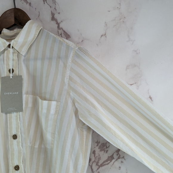 Everlane Shirt Womens Striped Button Up Silky Cotton Way Short Crop Sand - Picture 14 of 15